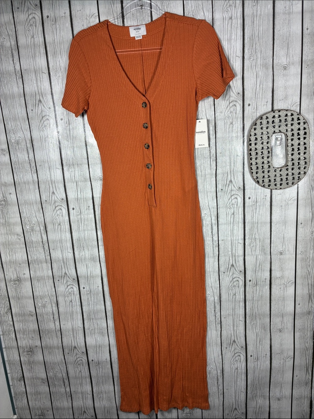 Rvca Sunday Won’t Stop Ribbed Button-Front Rust Orange Jumpsuit Size Small